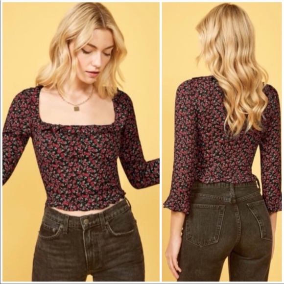 REFORMATION Barb Top in Mabel Black Rose Floral Print - Picture 3 of 11